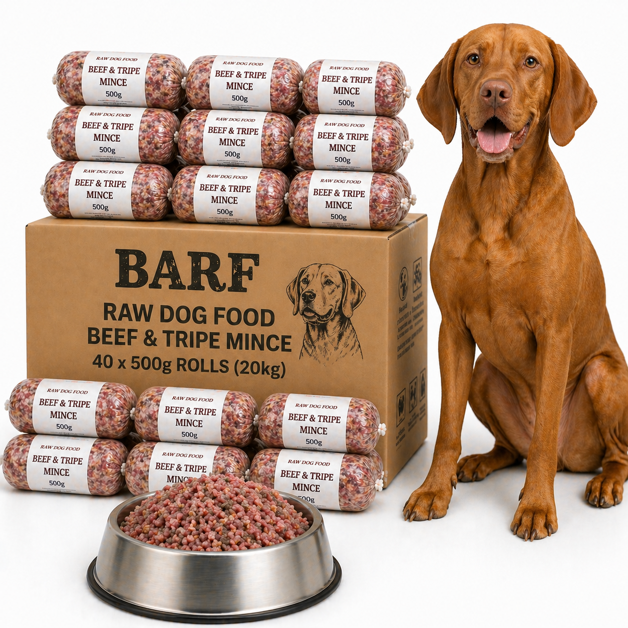 BARF Raw Dog Food Beef and Tripe Mince Frozen 40 x 500g Rolls (20kg) - Pet Family