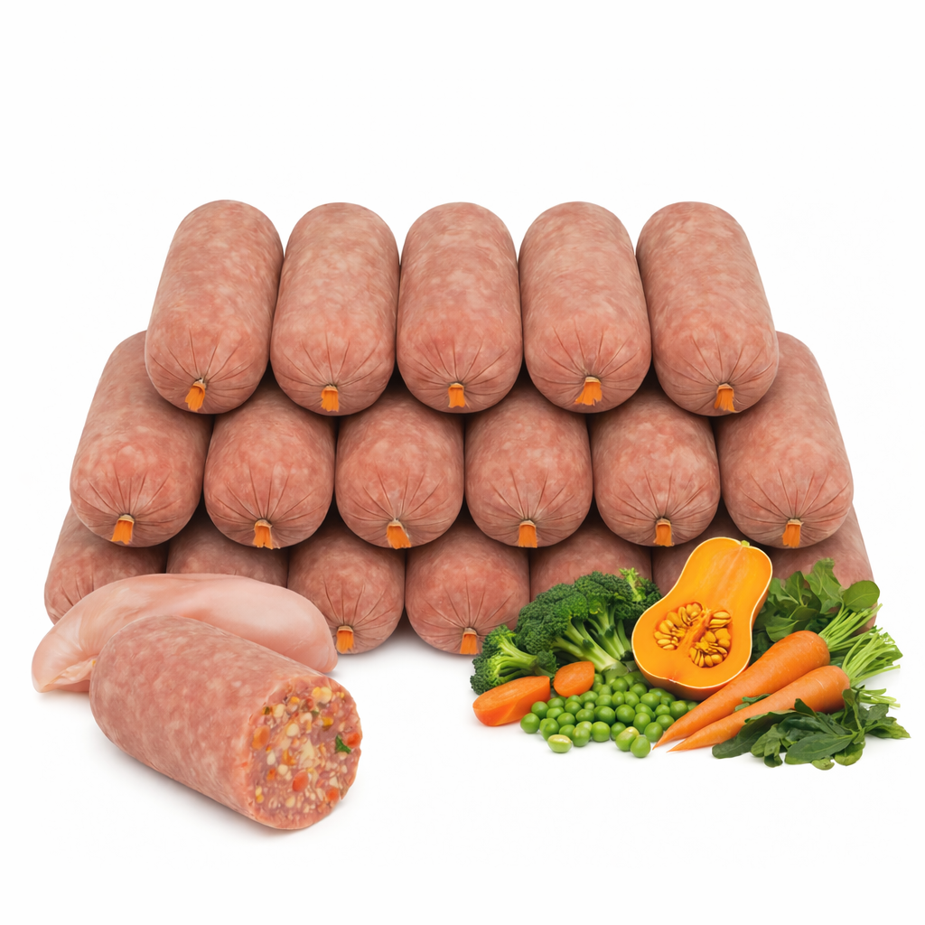BARF Raw Dog Food Chicken and Veg Mince Complete Meal Frozen 20 x 500g Rolls/Bags (10kg) - Pet Family