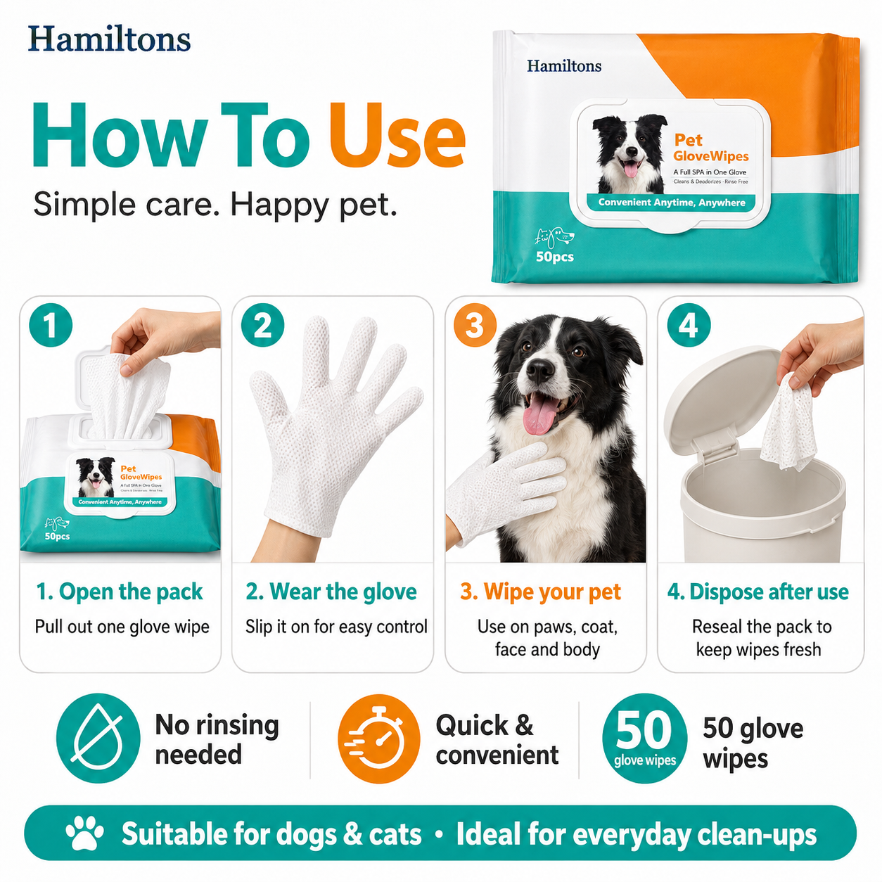 Hamiltons Pet Glove Wipes for Dogs & Cats – 50 Moisturising Grooming Wipes with Jojoba Oil, Honey & Shea Butter - Pet Family