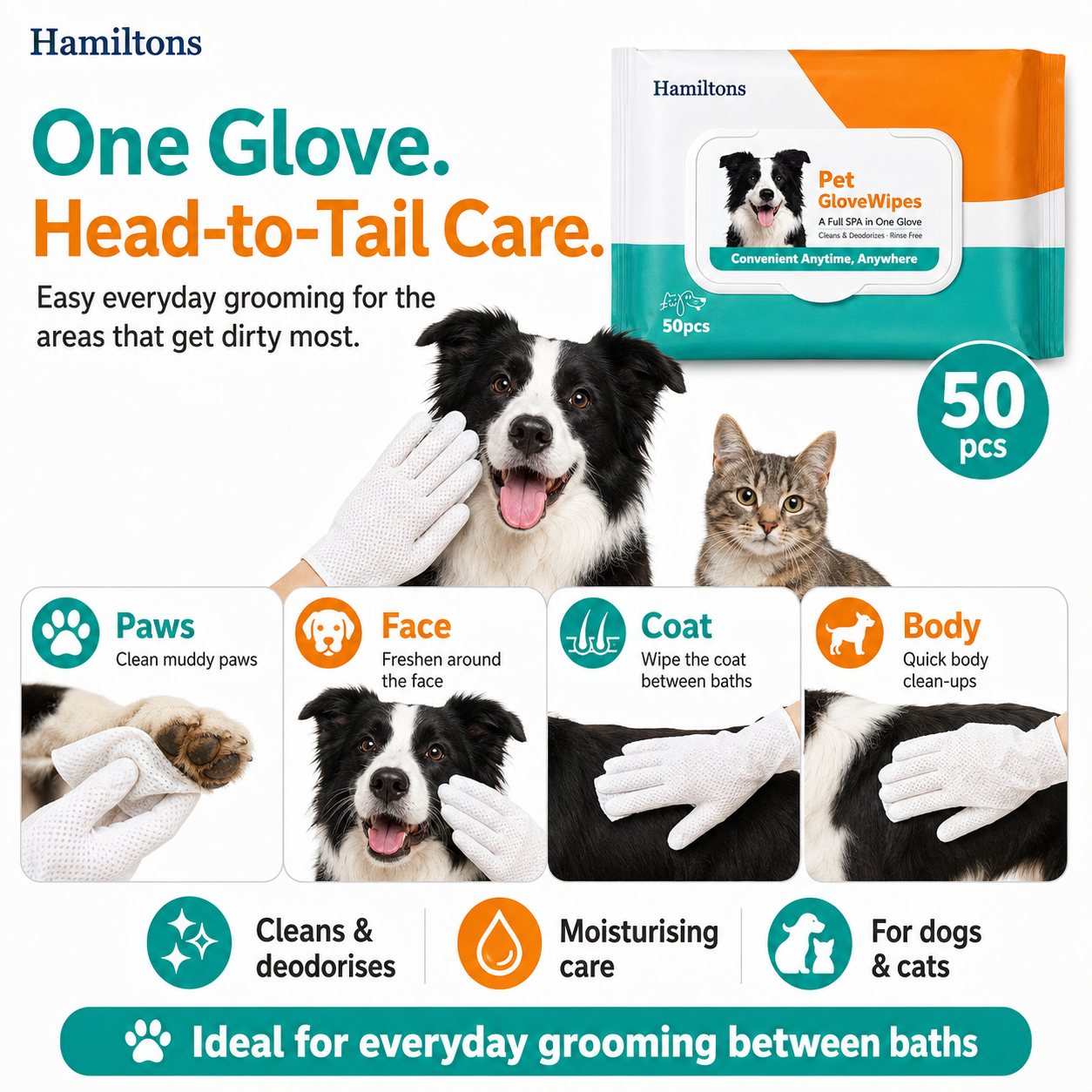 Hamiltons Pet Glove Wipes for Dogs & Cats – 50 Moisturising Grooming Wipes with Jojoba Oil, Honey & Shea Butter - Pet Family