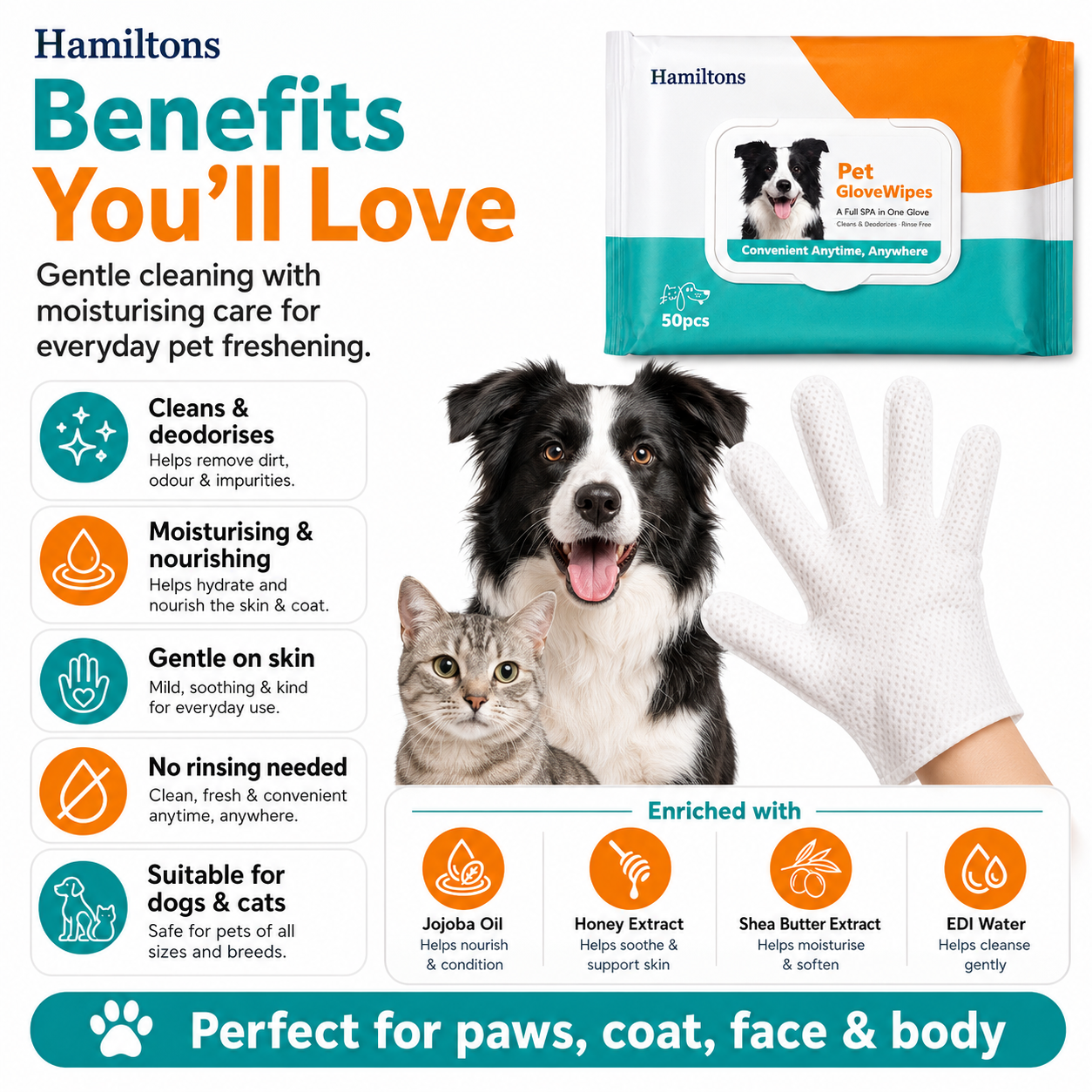 Hamiltons Pet Glove Wipes for Dogs & Cats – 50 Moisturising Grooming Wipes with Jojoba Oil, Honey & Shea Butter - Pet Family