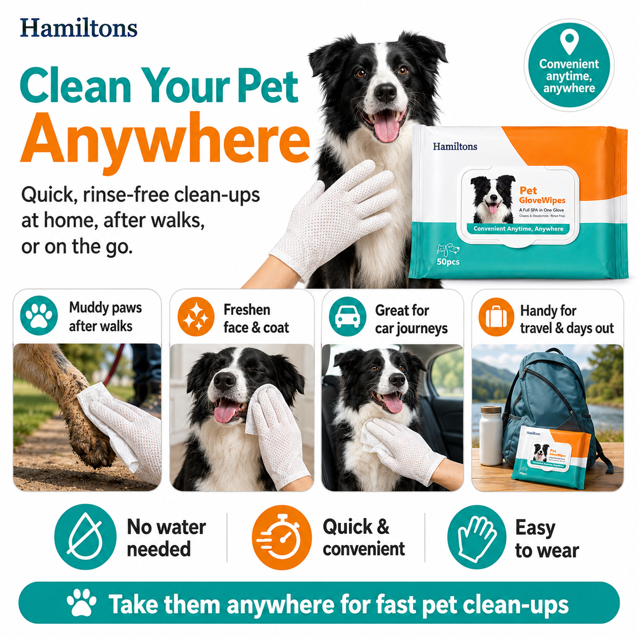 Hamiltons Pet Glove Wipes for Dogs & Cats – 50 Moisturising Grooming Wipes with Jojoba Oil, Honey & Shea Butter - Pet Family