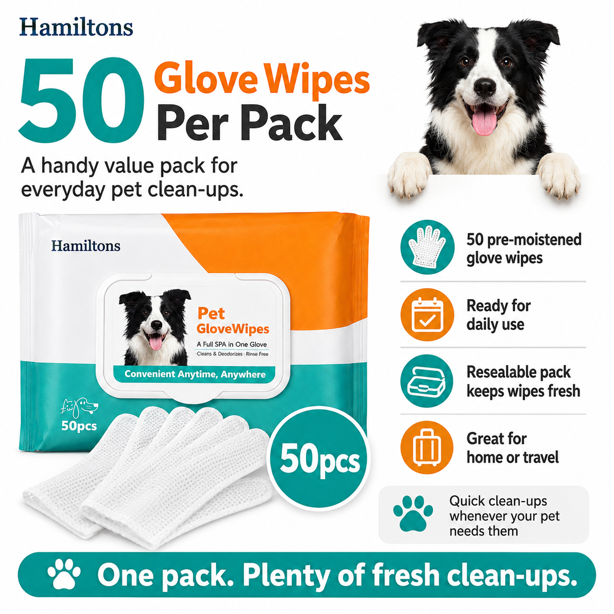 Hamiltons Pet Glove Wipes for Dogs & Cats – 50 Moisturising Grooming Wipes with Jojoba Oil, Honey & Shea Butter - Pet Family