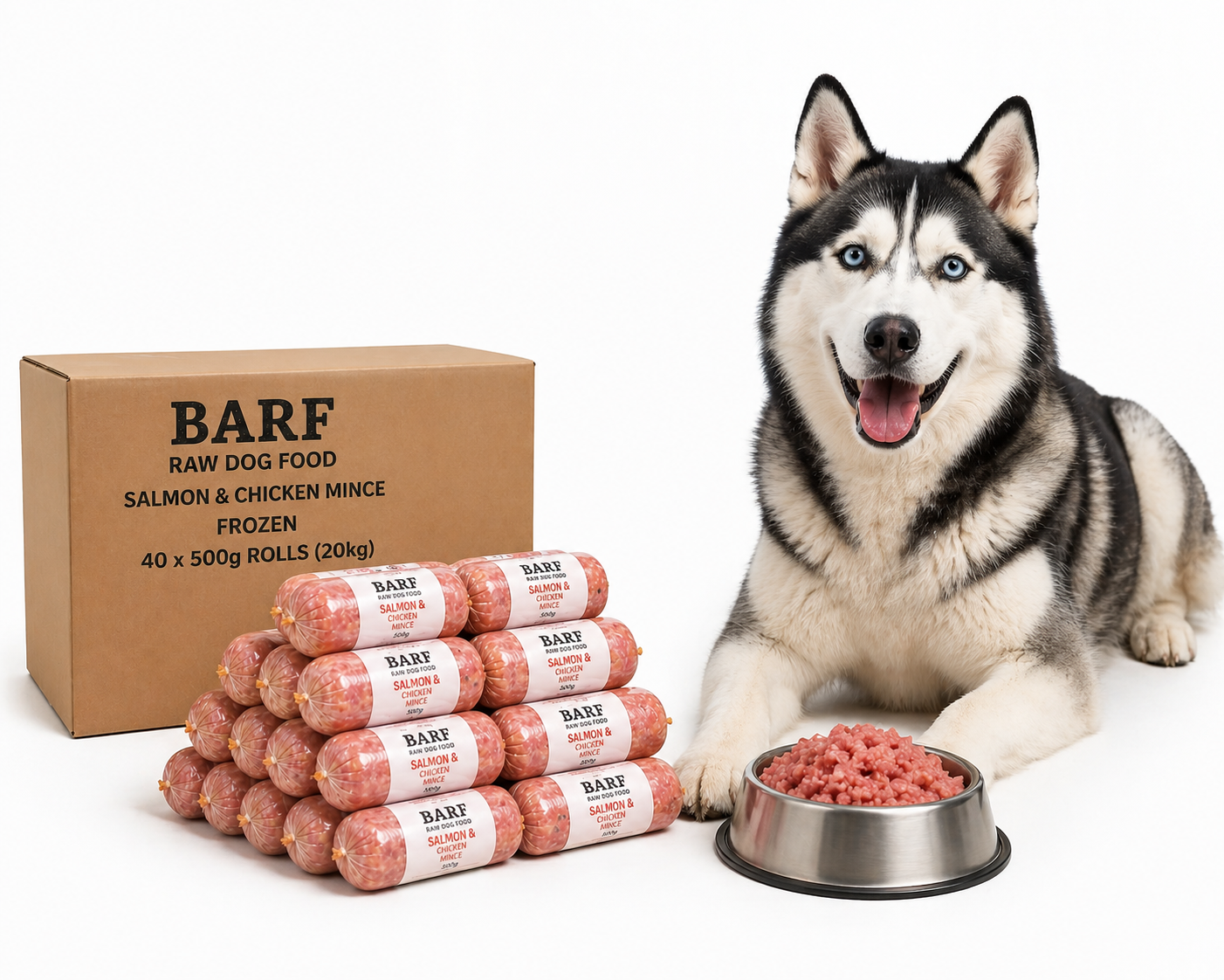BARF Raw Dog Food Salmon and Chicken Mince Frozen 40 x 500g Rolls (20kg) - Pet Family