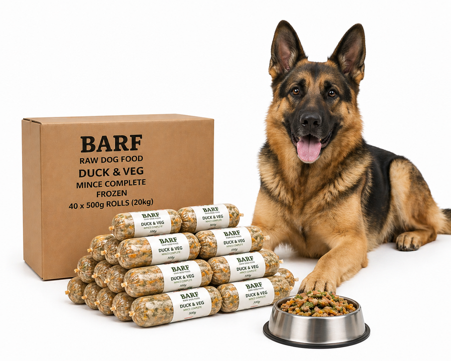 BARF Raw Dog Food Duck and Veg Mince Complete Frozen 40 x 500g Rolls (20kg) - Pet Family