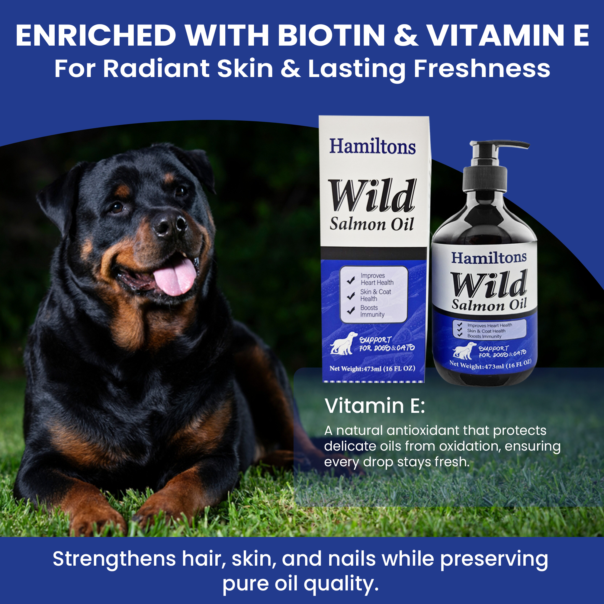 Hamiltons Wild Salmon Oil for Dogs & Cats – Pure Natural Omega-3 Supplement with Vitamin E