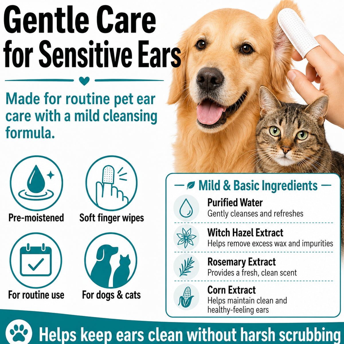 Hamiltons Pet Ear Cleaning Finger Wipes for Dogs & Cats – 100 Pre-Moistened Ear Cleaning Pads