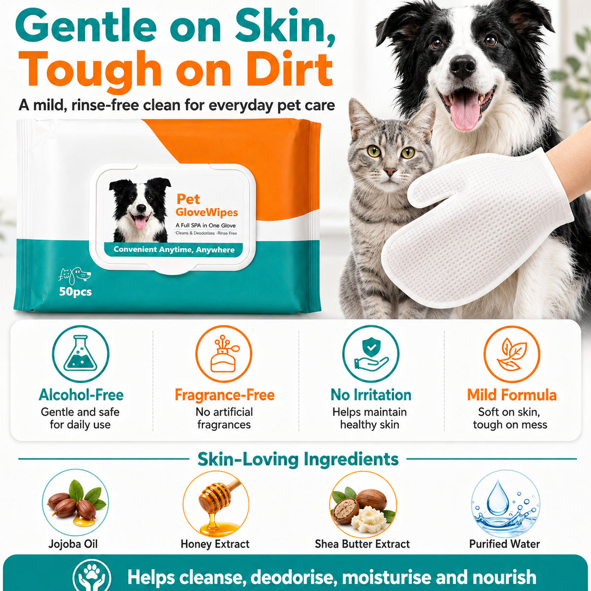 Hamiltons Pet Glove Wipes for Dogs & Cats – 50 Moisturising Grooming Wipes with Jojoba Oil, Honey & Shea Butter