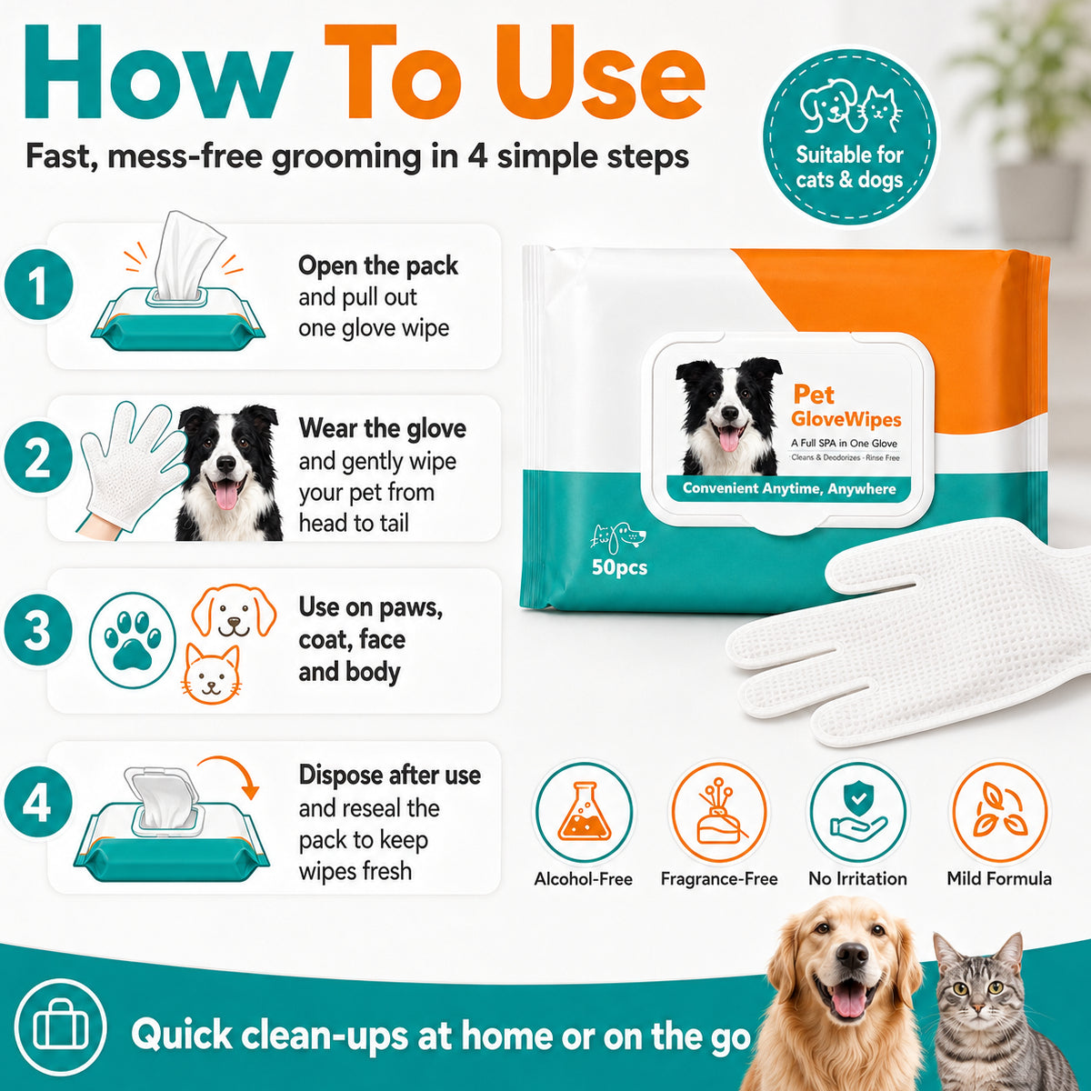 Hamiltons Pet Glove Wipes for Dogs & Cats – 50 Moisturising Grooming Wipes with Jojoba Oil, Honey & Shea Butter